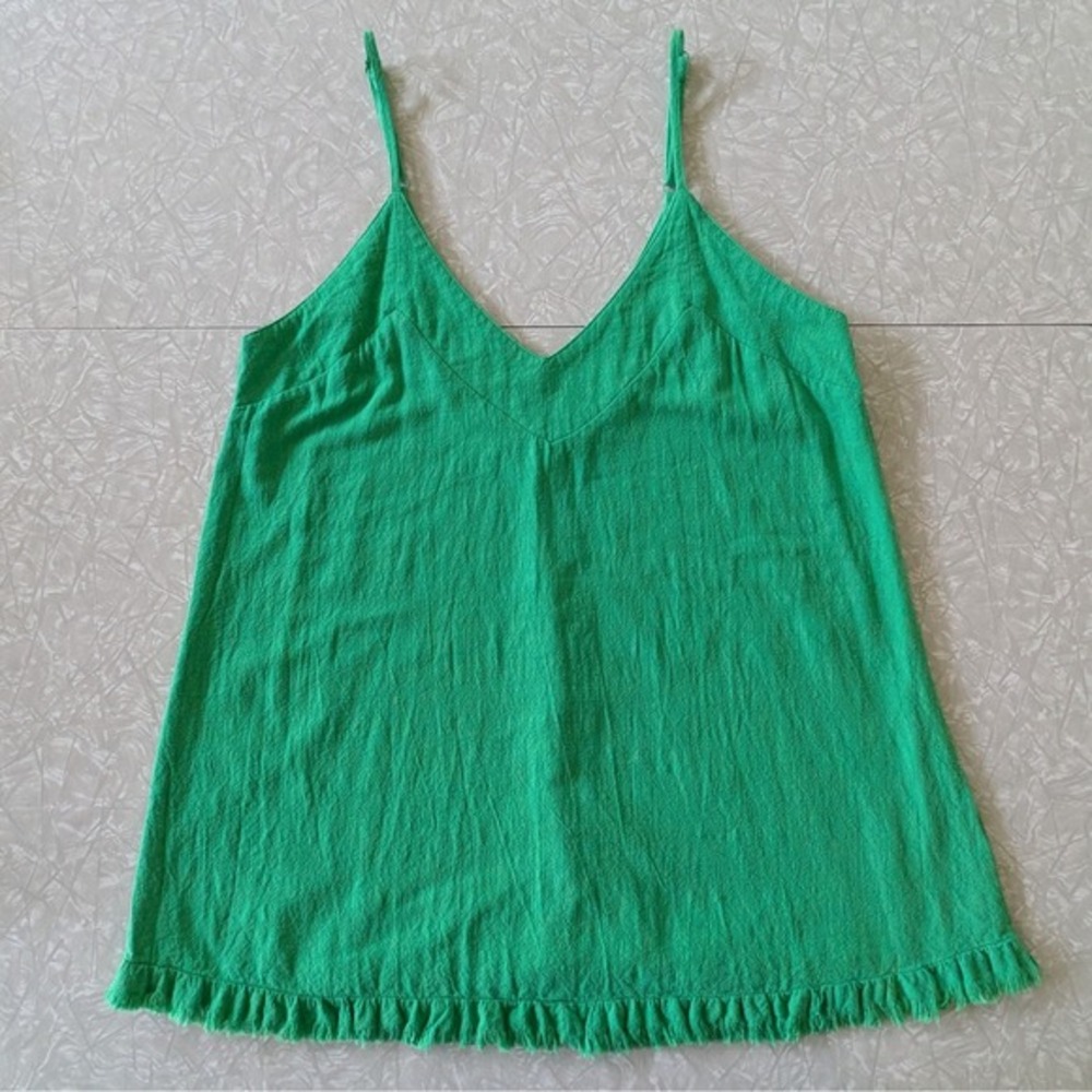Medium Kelly Green Linen/Cotton Sleeveless V-Neck Spaghetti‎ Strap Ruffle Fringe